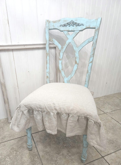 Zippered 3 sided Chair Cushion Pad Covers Ruffle Natural Beige White 100% Linen