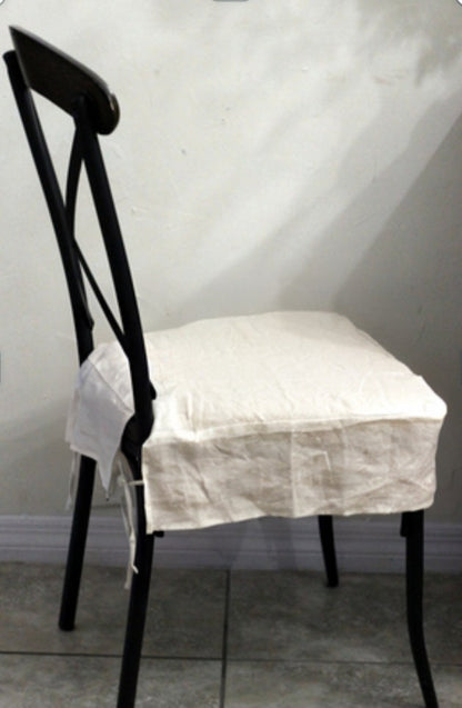 Simple 4-Sided Chair Seat Cover Natural Beige Dining Room Slipcover 100% Linen