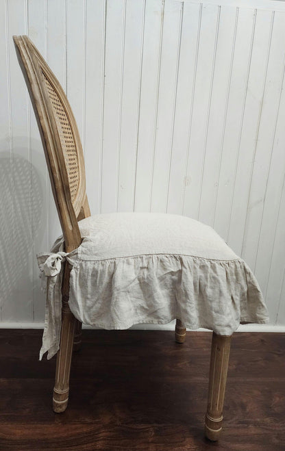 French Linen Chair Seat Cover with 4 sided Ruffle in Natural Flax Cover