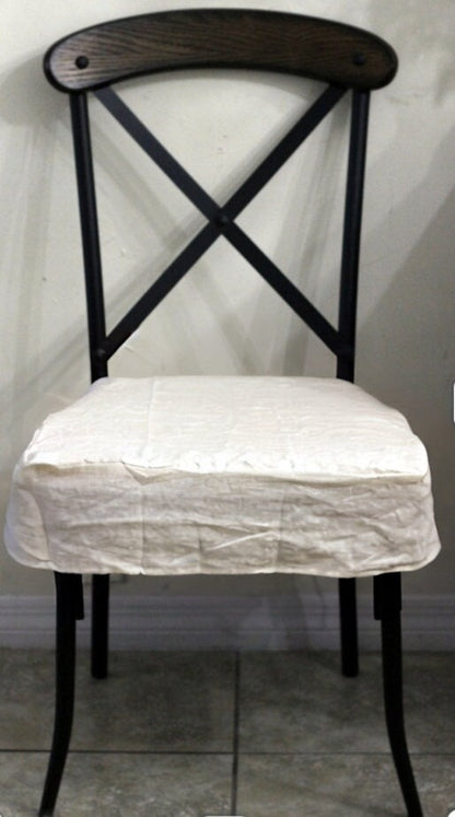 Simple 4-Sided Chair Seat Cover Natural Beige Dining Room Slipcover 100% Linen