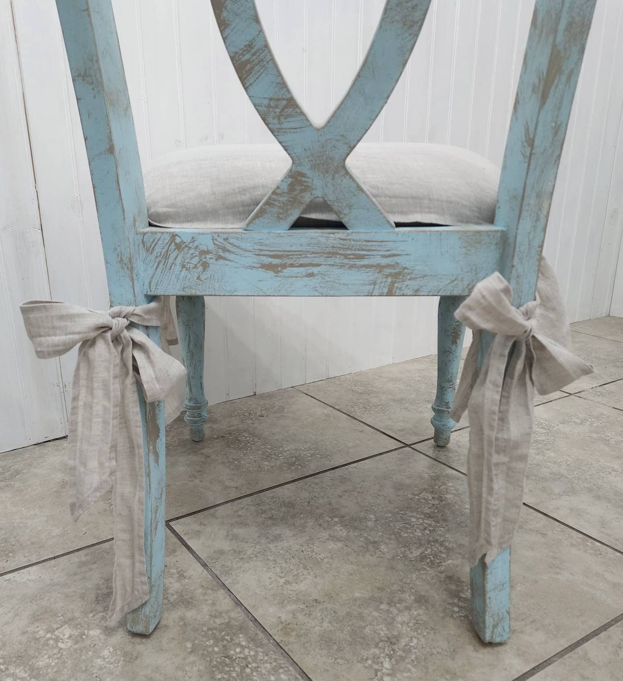 Chair Seat Cover 3 Sided Ruffle Natural Beige 100% Linen