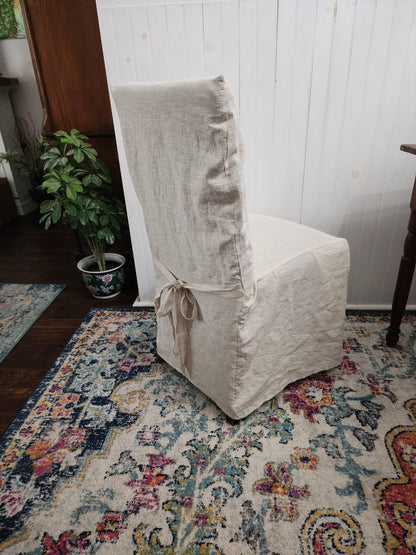 Floor Length Parson Chair Cover Slipcover Natural Beige 100% Linen
