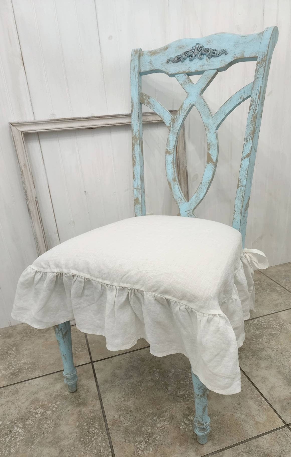 Chair Seat Cover 3- Sided Ruffle in white 100% Linen