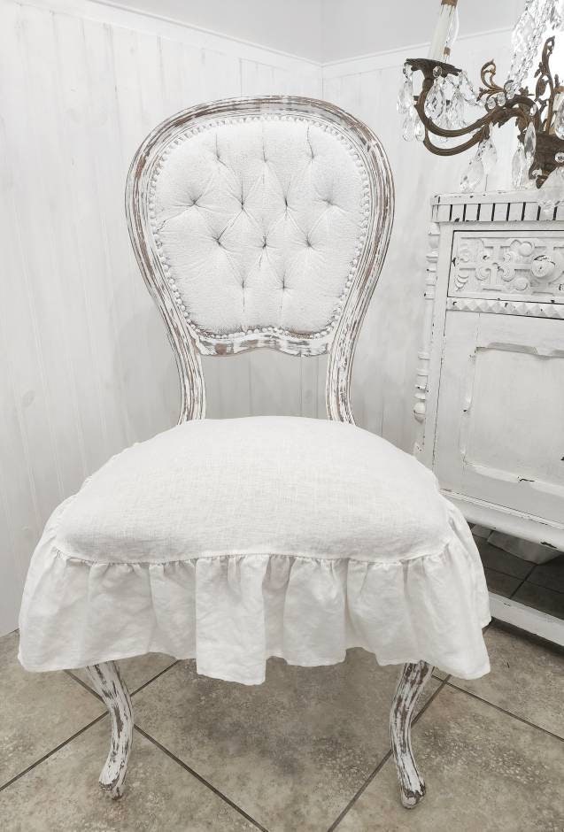 Chair Seat Covers Slipcovers 4 sided Ruffle 100% Linen White Small and large
