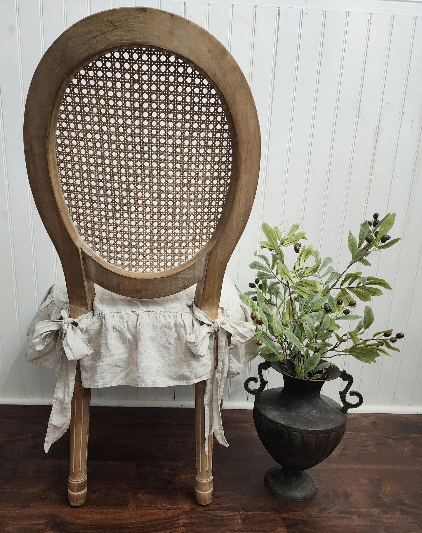 French Linen Chair Seat Cover with 4 sided Ruffle in Natural Flax Cover