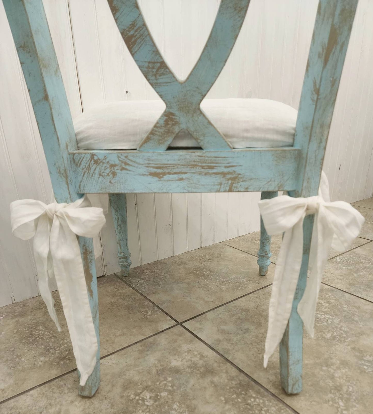 Chair Seat Cover 3- Sided Ruffle in white 100% Linen