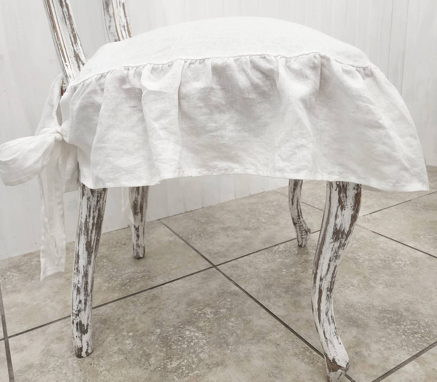 Chair Seat Covers Slipcovers 4 sided Ruffle 100% Linen White Small and large