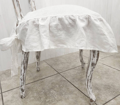 Chair Seat Covers Slipcovers 4 sided Ruffle 100% Linen White Small and large