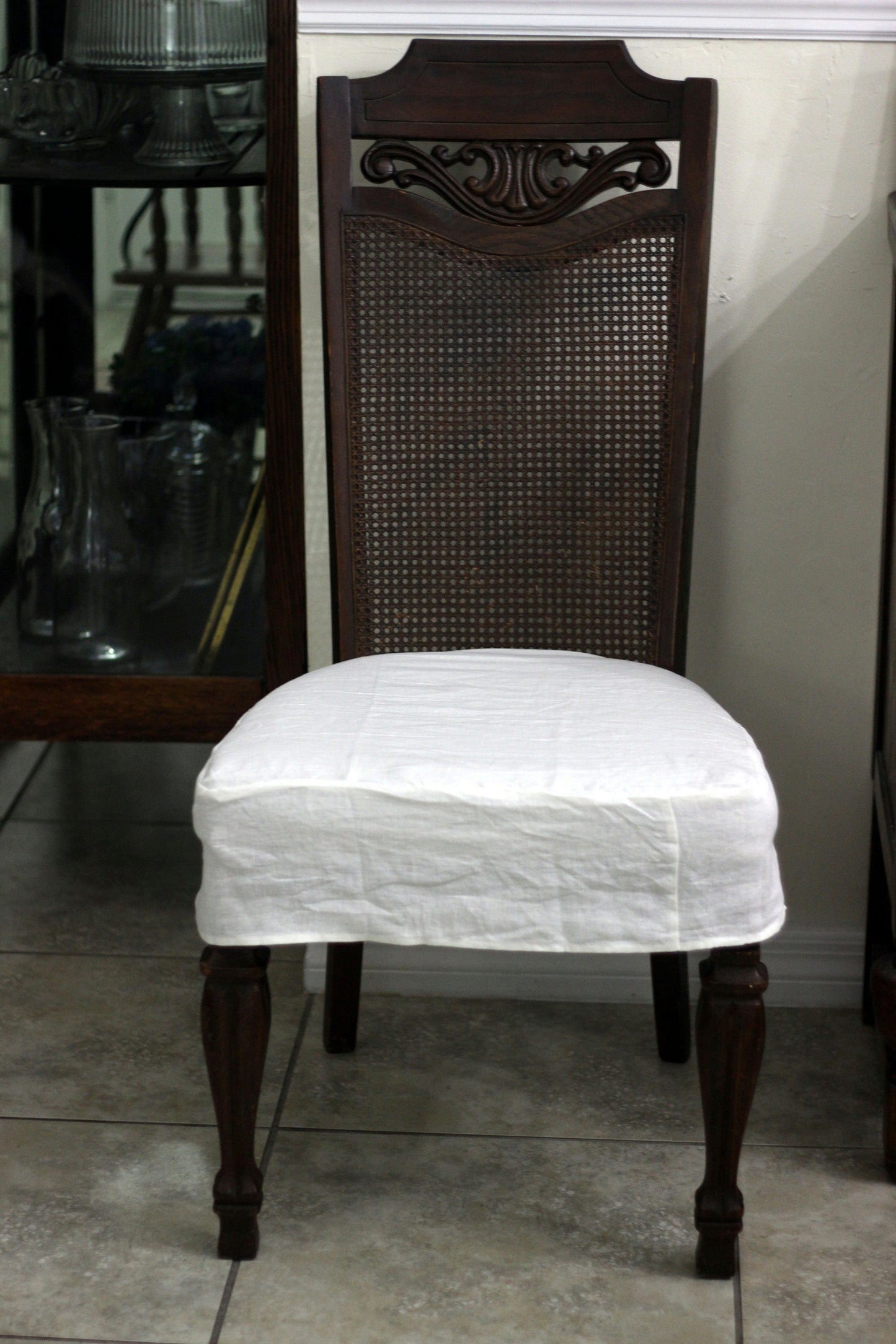 White Simple French Linen 3 Sided 100% Linen Chair Seat Cover Slipcover