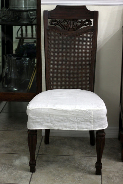 White Simple French Linen 3 Sided 100% Linen Chair Seat Cover Slipcover
