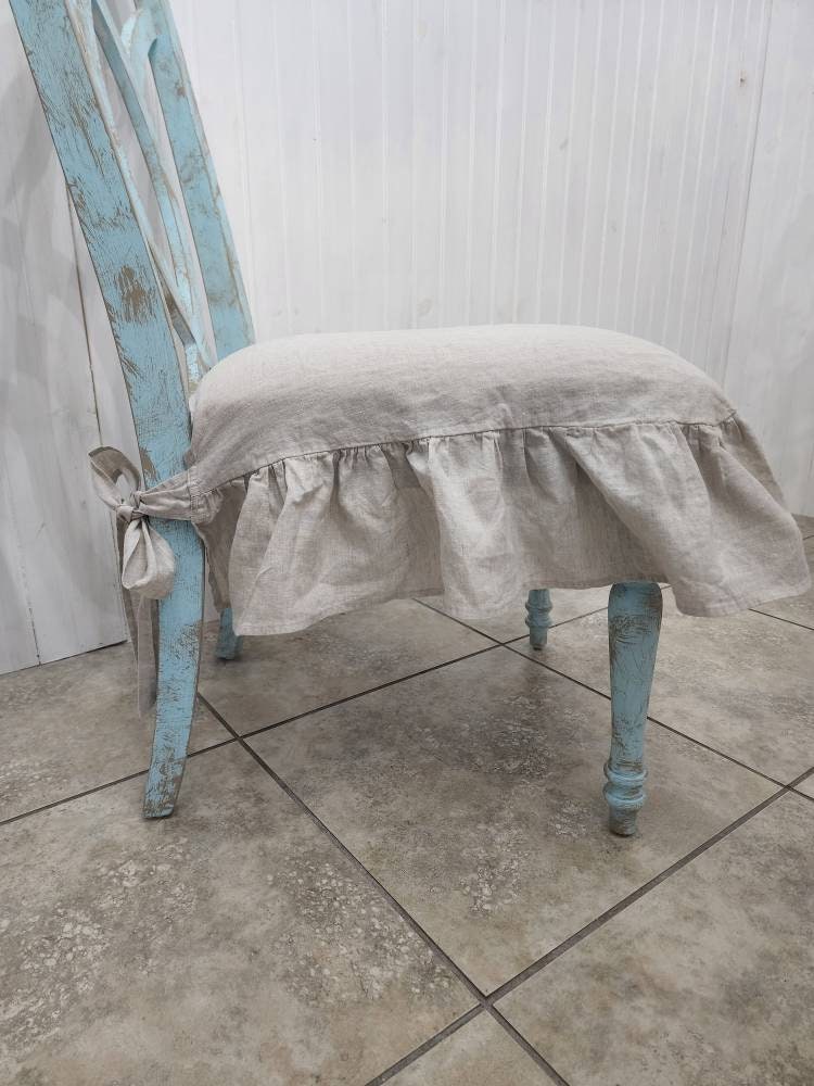 Chair Seat Cover 3 Sided Ruffle Natural Beige 100% Linen