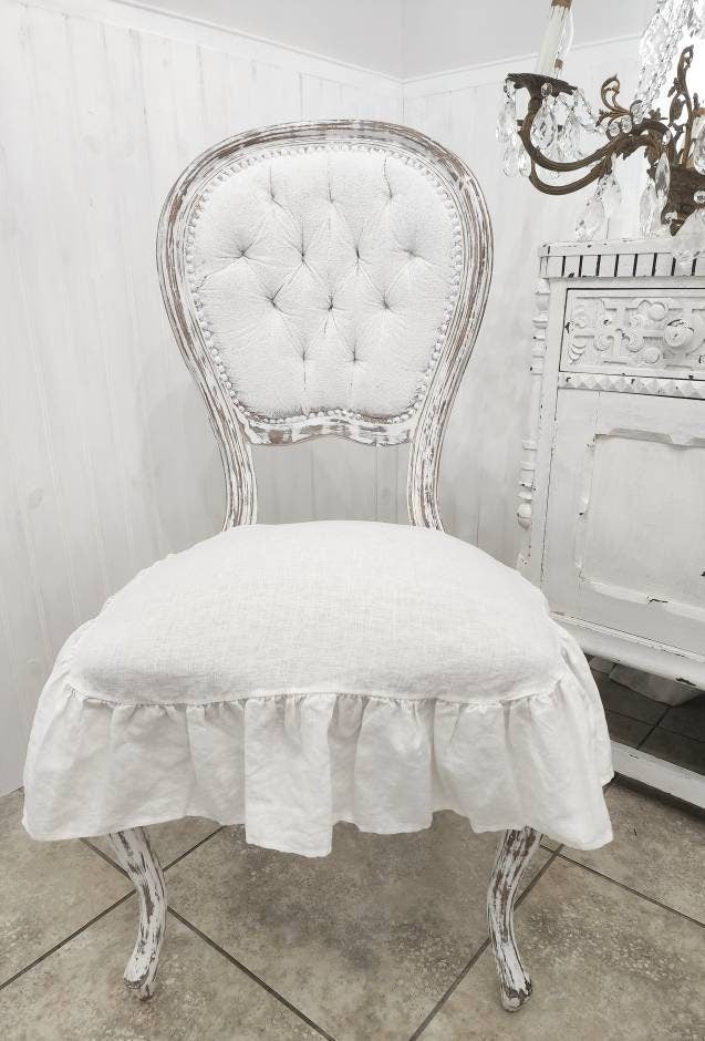 Chair Seat Covers Slipcovers 4 sided Ruffle 100% Linen White Small and large