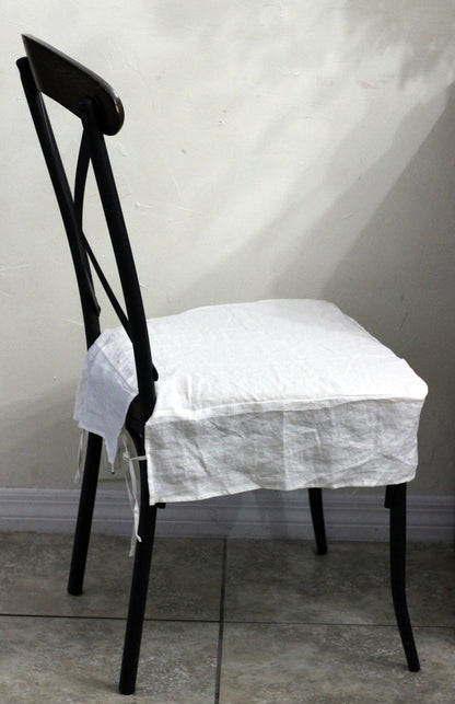 Simple Chair Seat Cover Slipcover 4 sided 100% Linen White