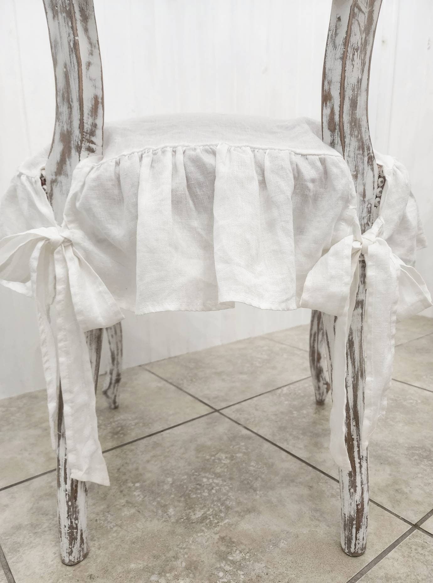 Chair Seat Covers Slipcovers 4 sided Ruffle 100% Linen White Small and large