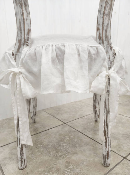 Chair Seat Covers Slipcovers 4 sided Ruffle 100% Linen White Small and large