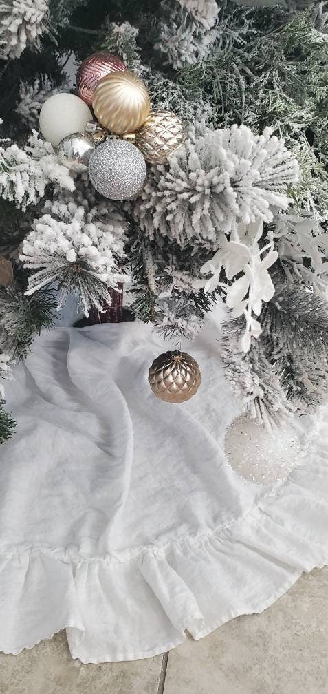 Christmas Tree Skirt Ruffle White Large 100% Linen