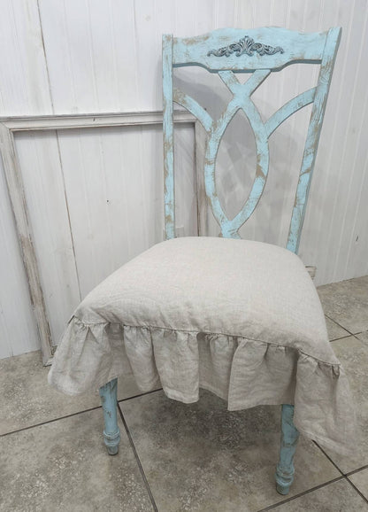 Chair Seat Cover 3 Sided Ruffle Natural Beige 100% Linen