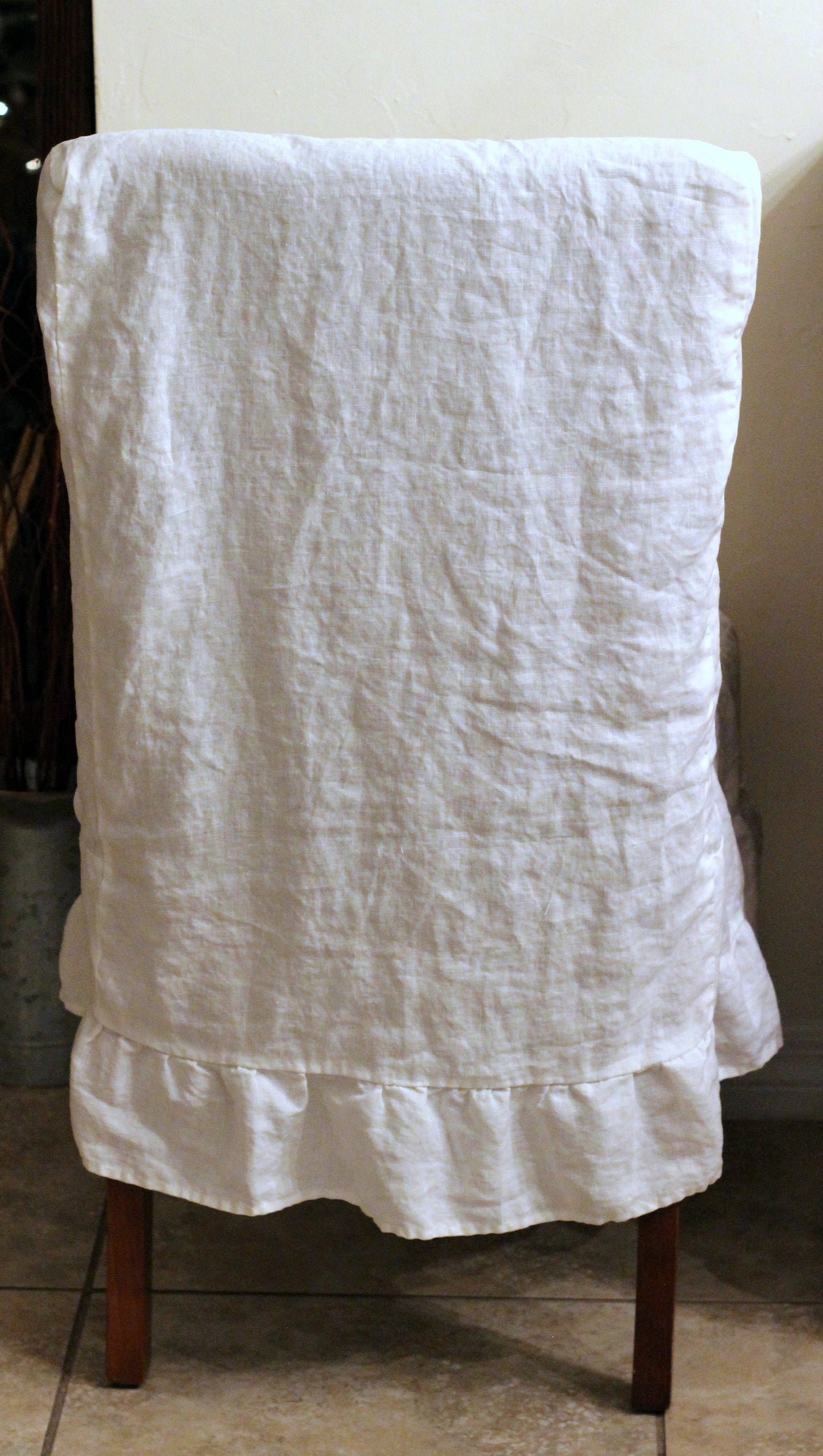Large Ruffled Parson Chair Cover Slipcover 100% Linen White Natural Beige