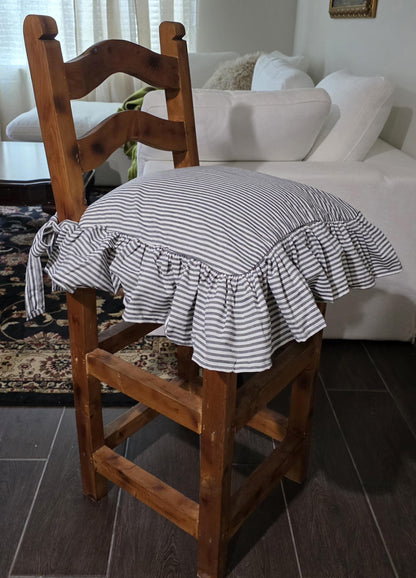 Striped Ticking Fabric Chair Cushion Cover with 3 sided Ruffle – Blue Home Decor