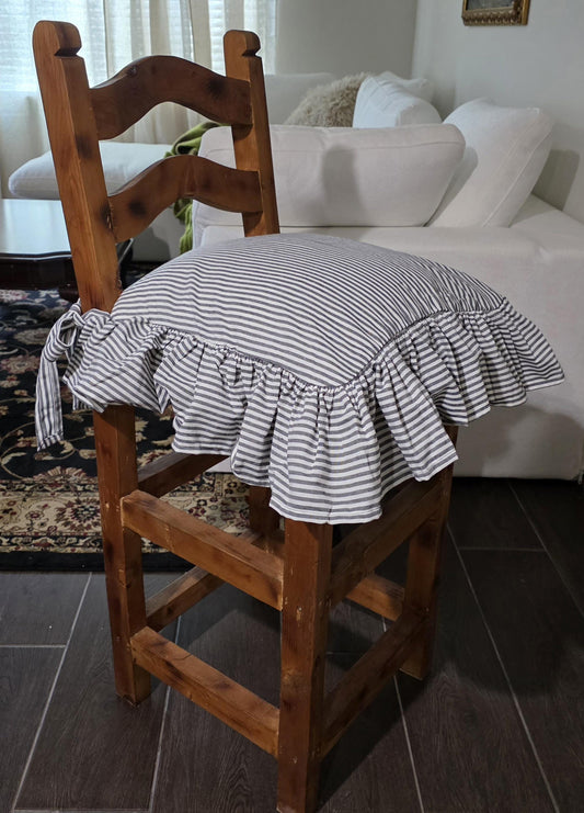 Striped Ticking Fabric Chair Cushion Cover with 3 sided Ruffle – Blue Home Decor