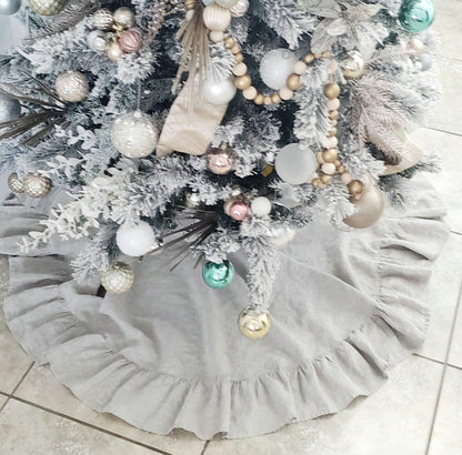 Ruffled Christmas Tree Skirt, 100% Linen Natural Beige 60 Inch