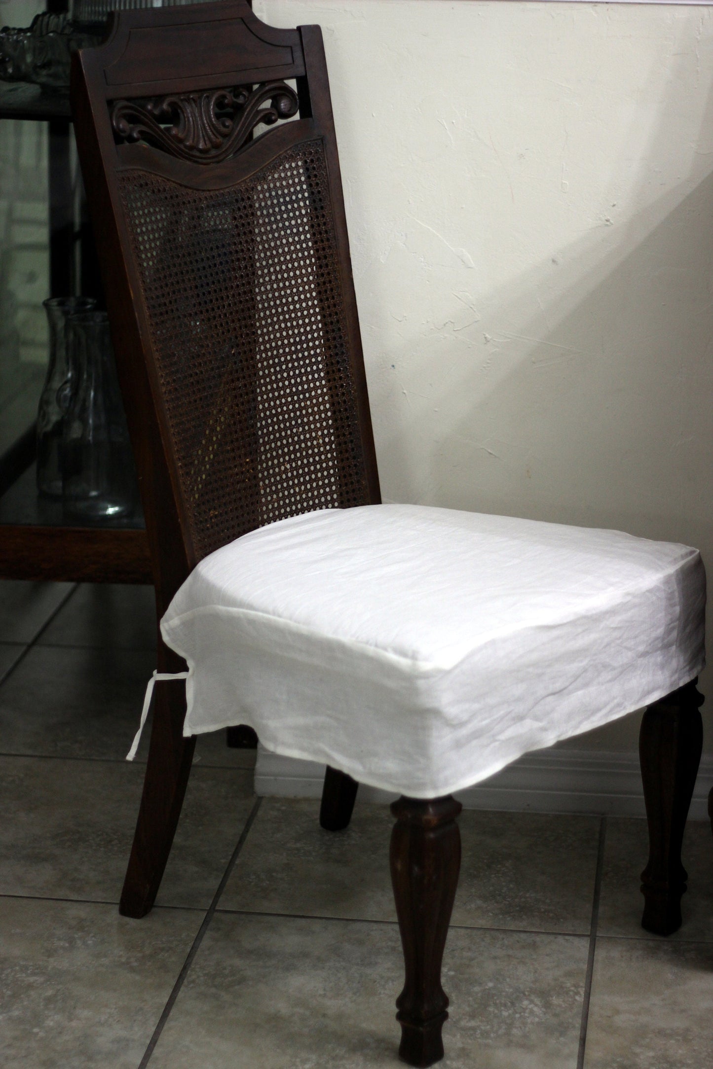 White Simple French Linen 3 Sided 100% Linen Chair Seat Cover Slipcover