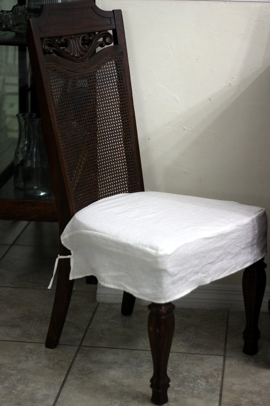 White Simple French Linen 3 Sided 100% Linen Chair Seat Cover Slipcover