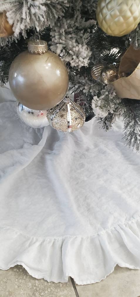Christmas Tree Skirt Ruffle White Large 100% Linen