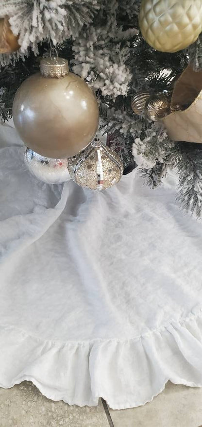 Christmas Tree Skirt Ruffle White Large 100% Linen