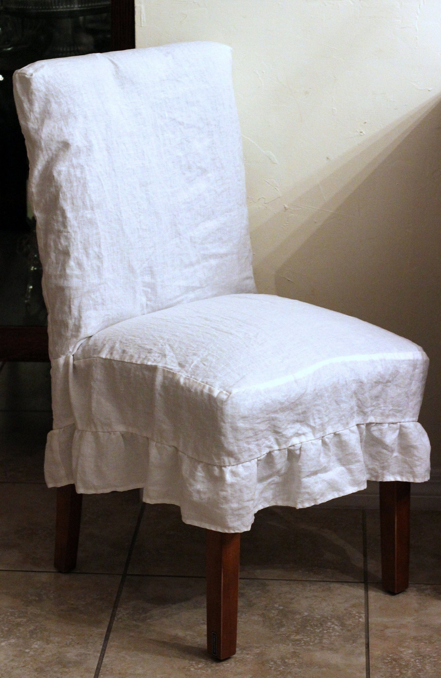 Large Ruffled Parson Chair Cover Slipcover 100% Linen White Natural Beige