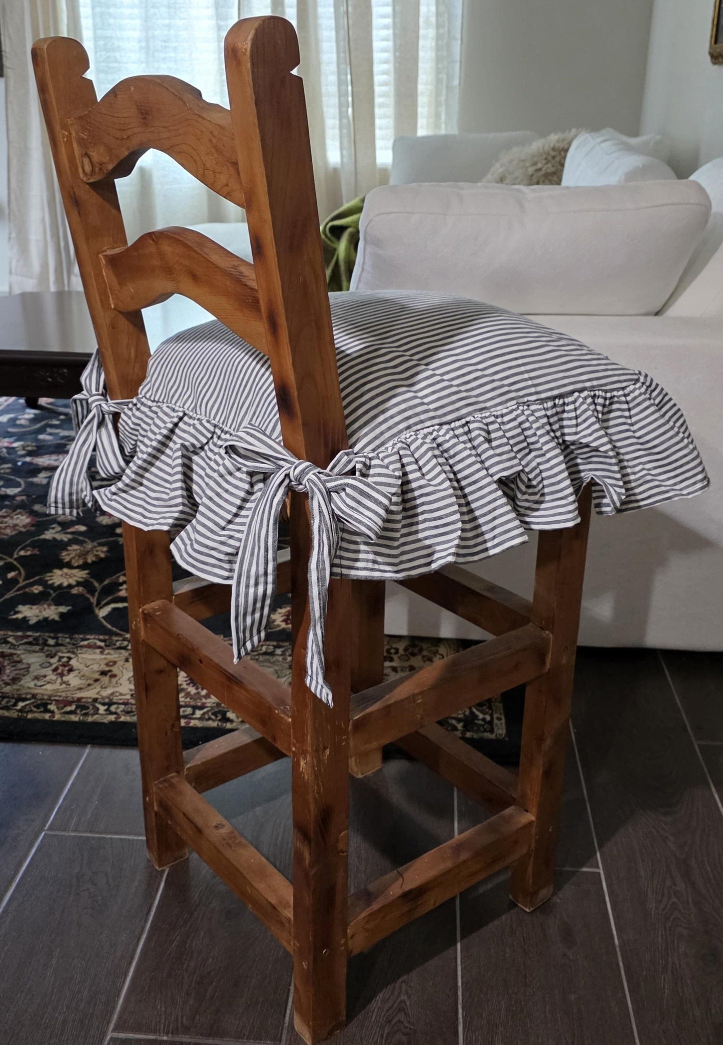 Striped Ticking Fabric Chair Cushion Cover with 4 sided Ruffle – Black Beige Blue Home Decor