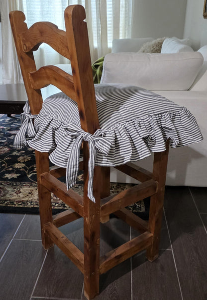 Striped Ticking Fabric Chair Cushion Cover with 4 sided Ruffle – Black Beige Blue Home Decor