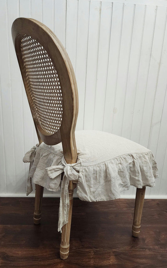 French Linen Chair Seat Cover with 4 sided Ruffle in Natural Flax Cover