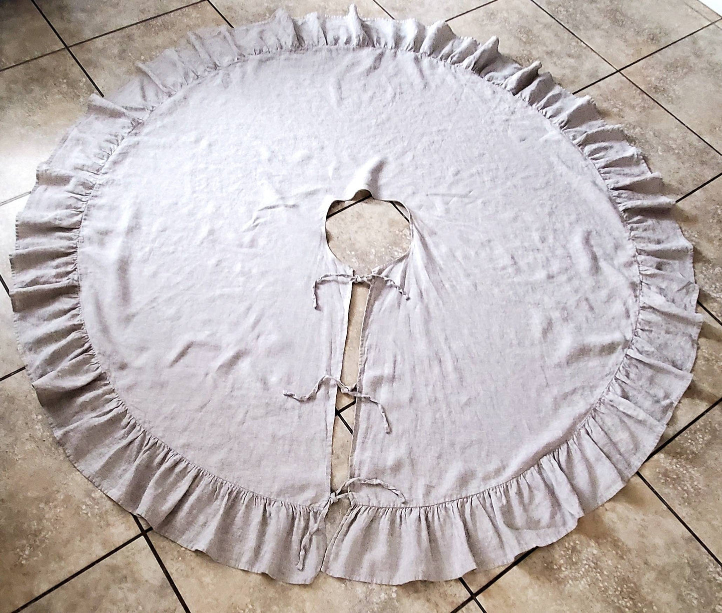 Ruffled Christmas Tree Skirt, 100% Linen Natural Beige 60 Inch