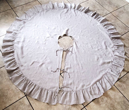 Ruffled Christmas Tree Skirt, 100% Linen Natural Beige 60 Inch