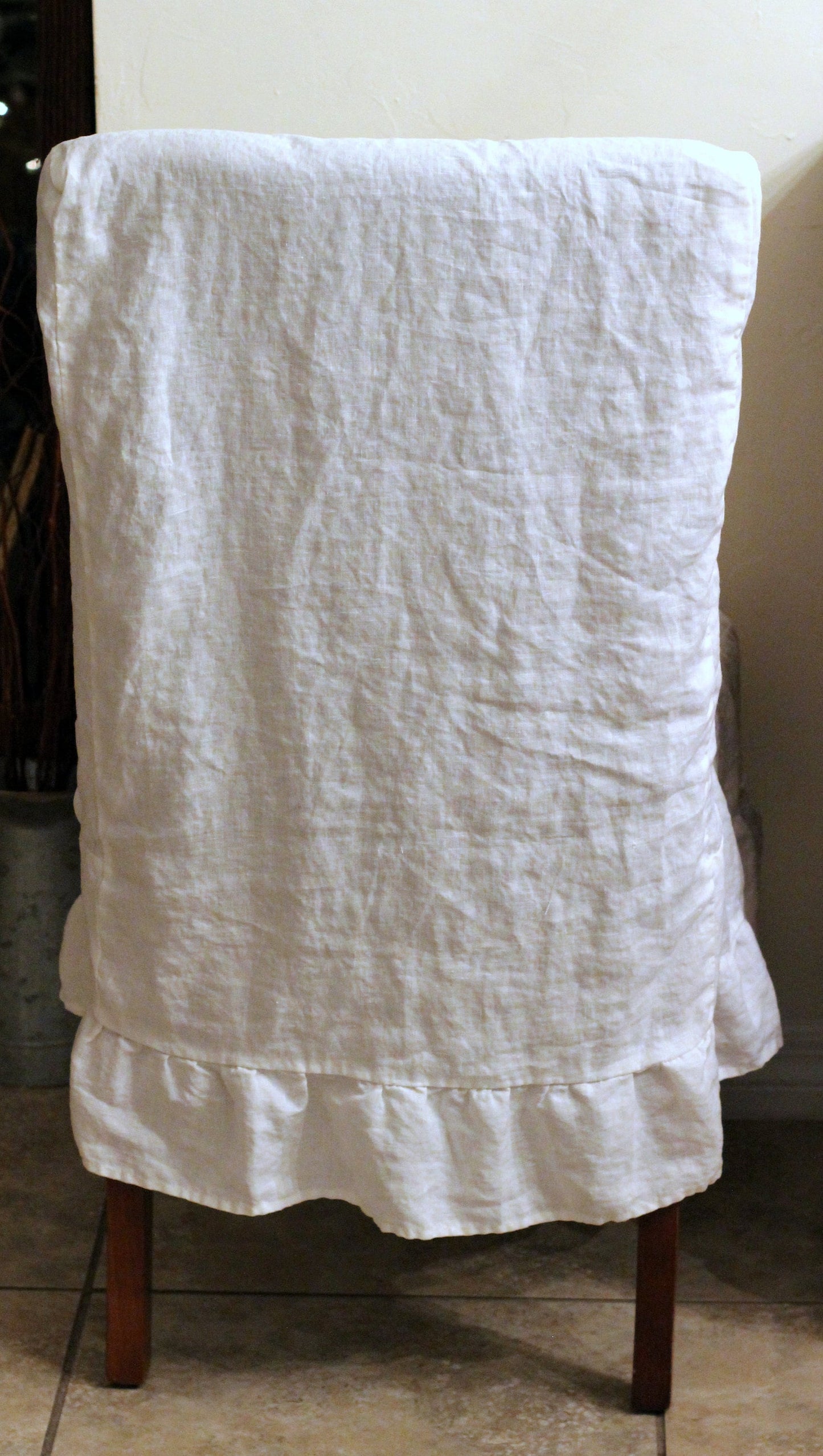 Ruffled Parson Chair Cover Slipcover, 100% Linen Small Natural Beige White